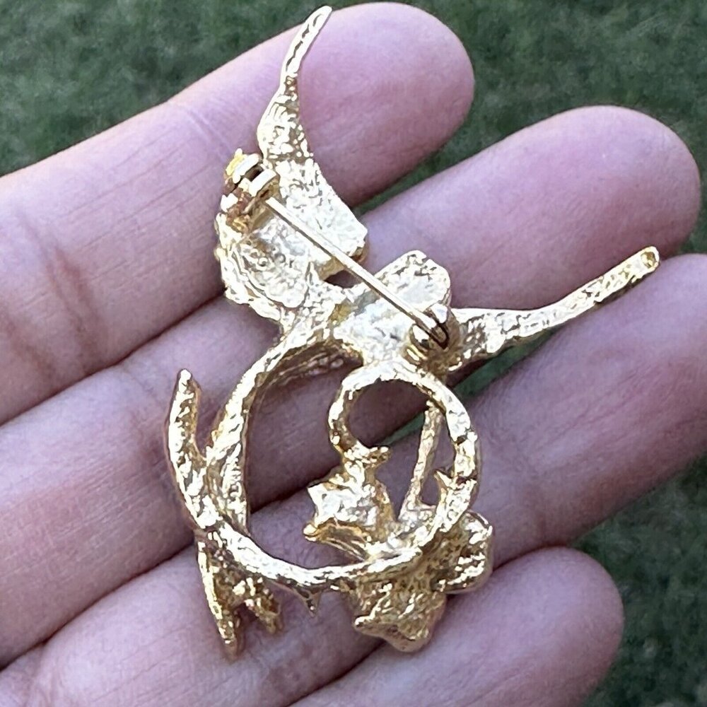 VTG Giovanni Brooch Pin 2" Hummingbird With Flower Rhinestone Enamel Gold Plated - Picture 2 of 6